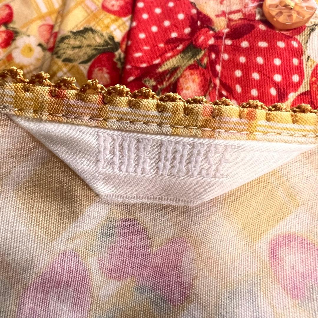 美品 ピンクハウス 苺ブーケ チェック柄 ワンピース サテンリボン はしごレース