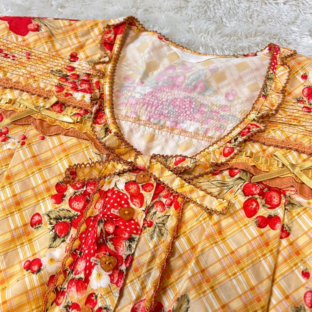 美品 ピンクハウス 苺ブーケ チェック柄 ワンピース サテンリボン はしごレース