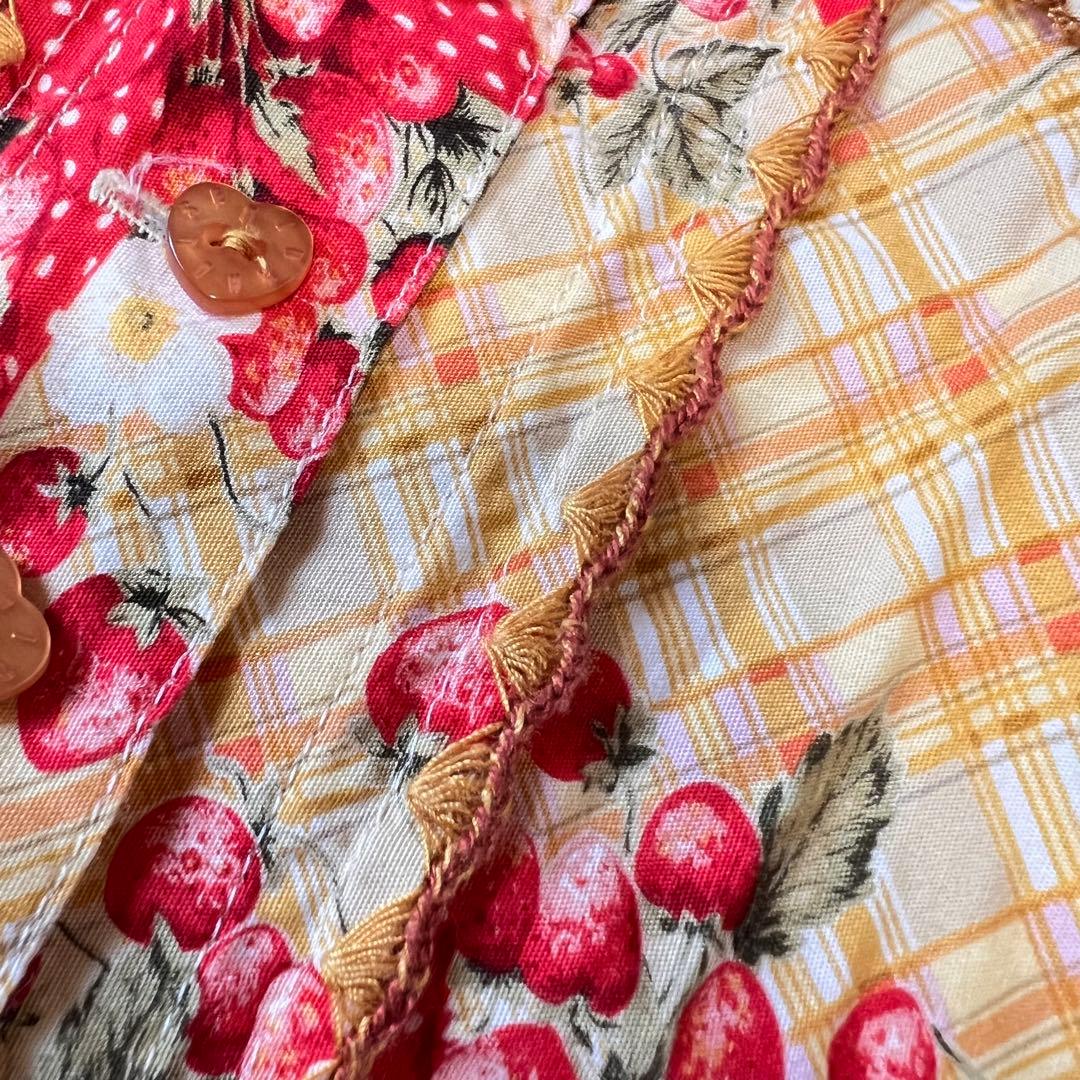 美品 ピンクハウス 苺ブーケ チェック柄 ワンピース サテンリボン はしごレース