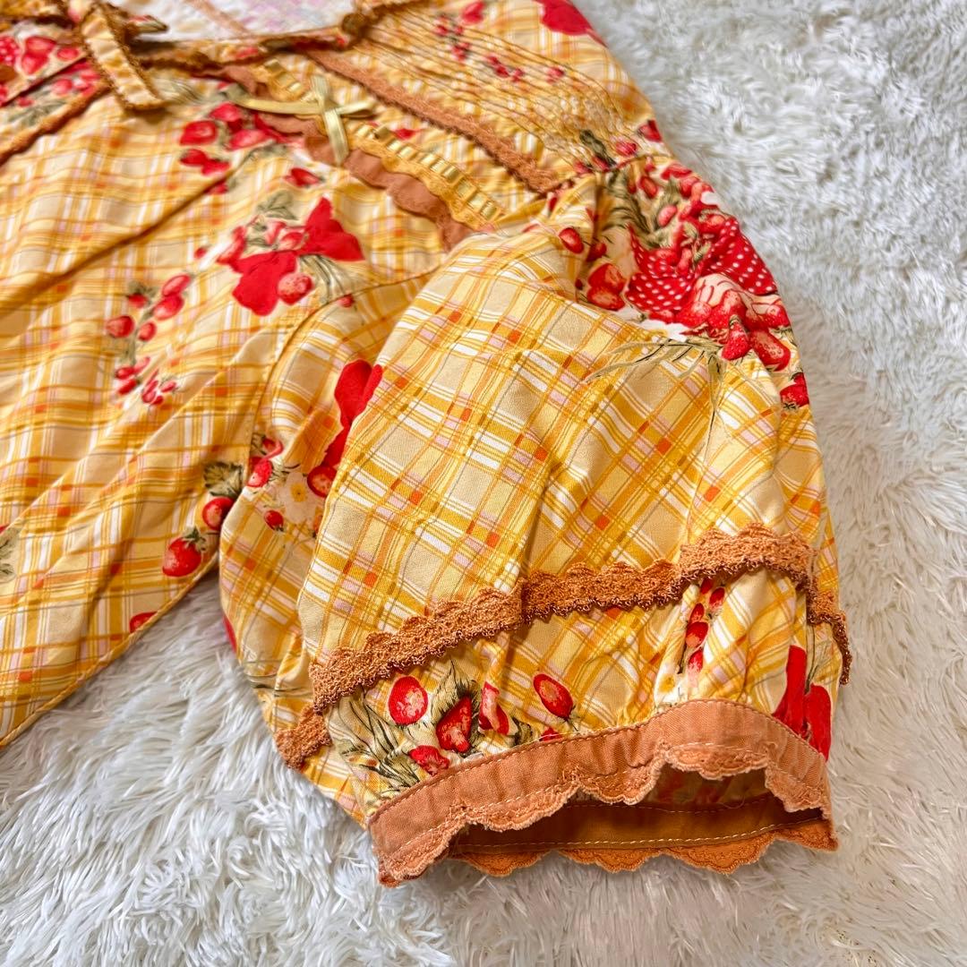 美品 ピンクハウス 苺ブーケ チェック柄 ワンピース サテンリボン はしごレース