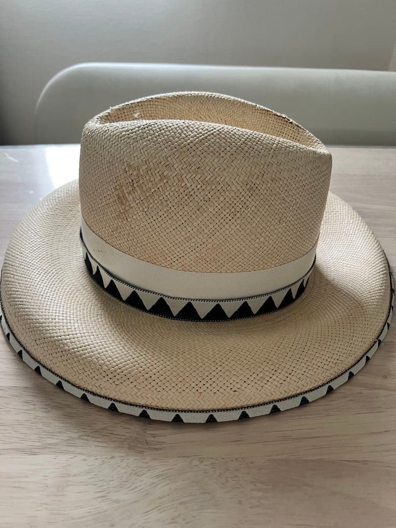 ボルサリーノ　ストライプリボン付き　パナマ　麦わら帽子