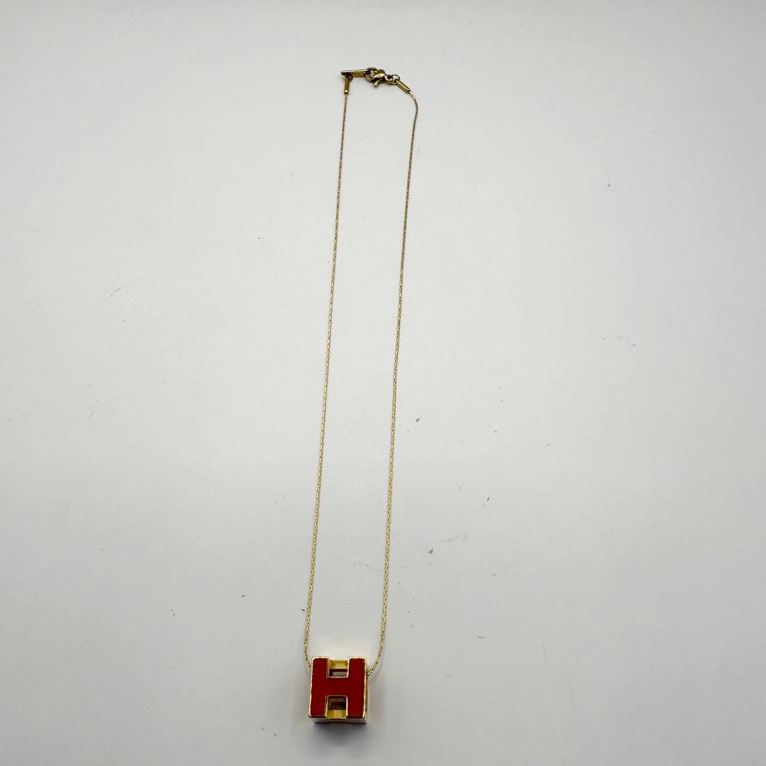 HERMES エルメス　H ロゴ　ペンダント ネックレス　オレンジ　ゴールド
