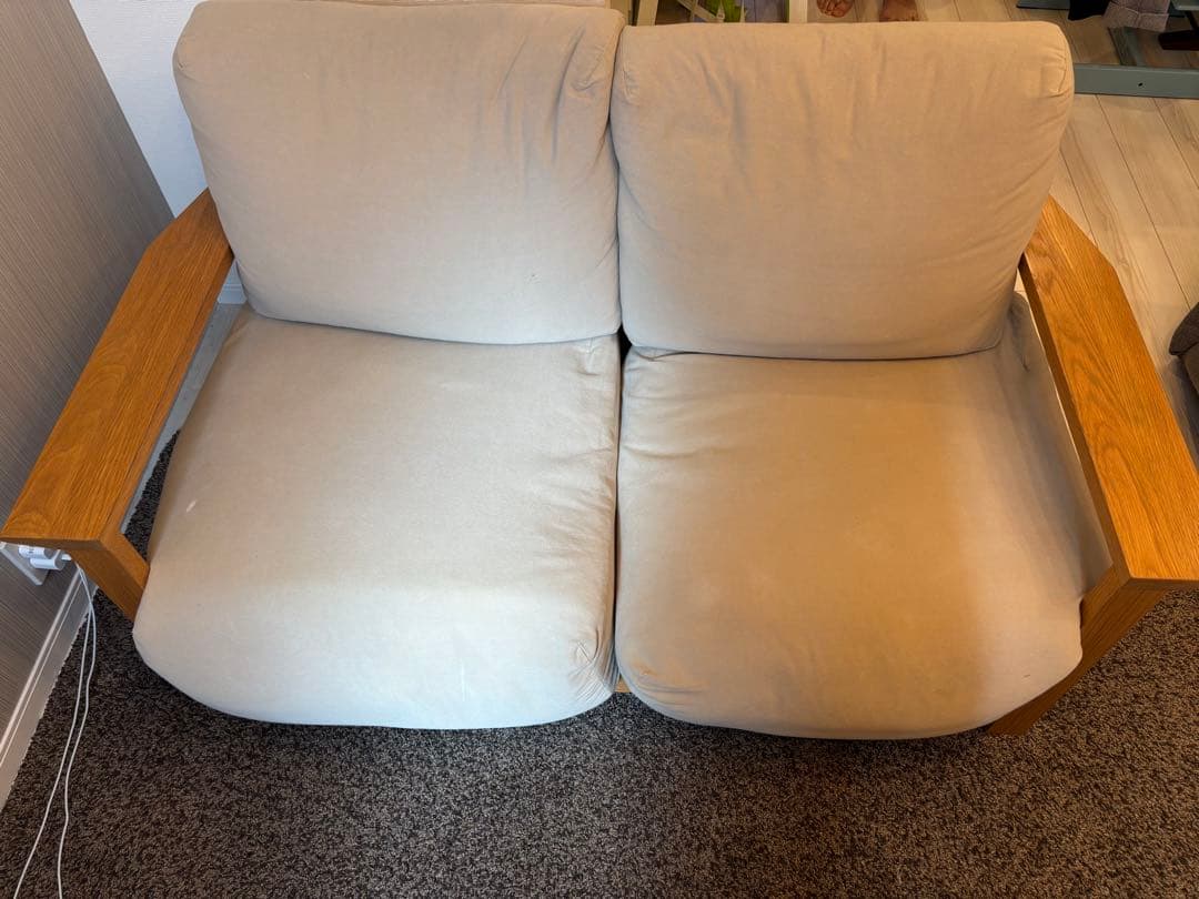 無印良品　ベージュ 布製 2人掛けソファ 木製フレーム