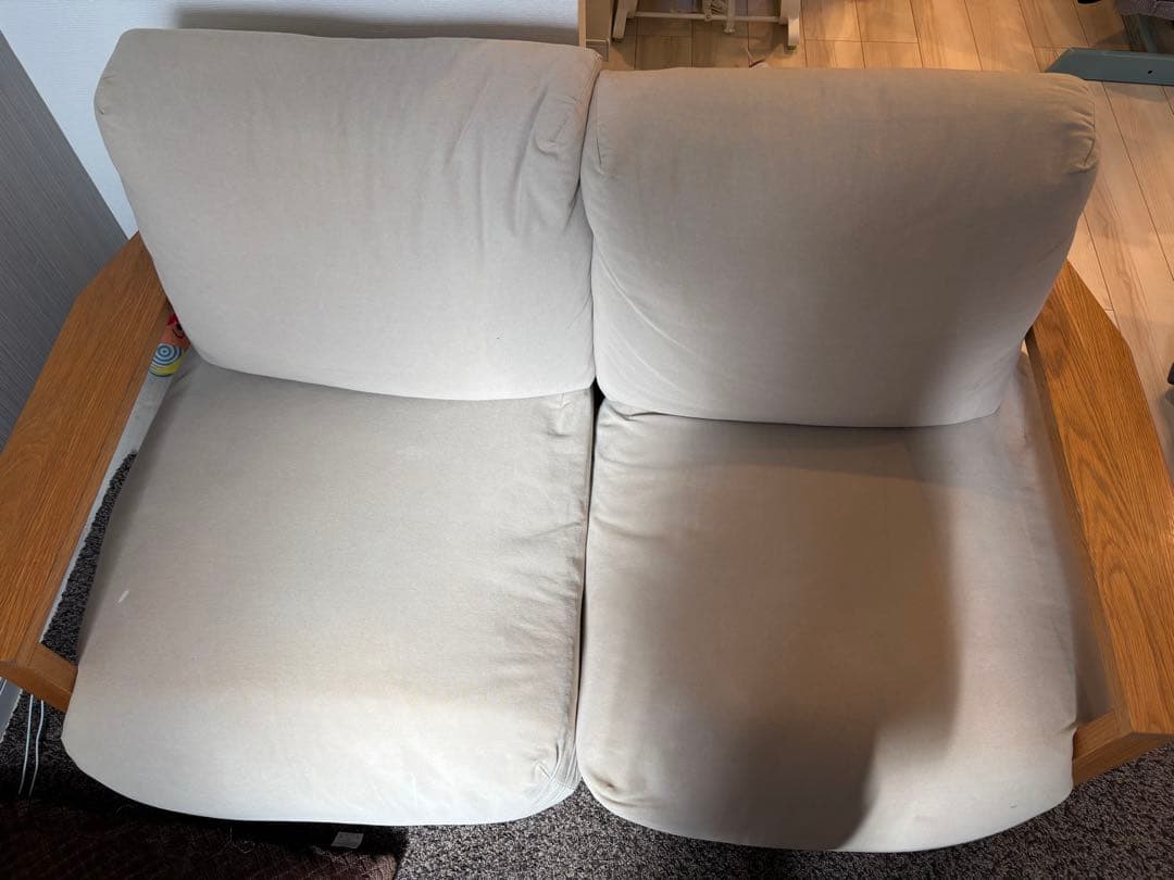 無印良品　ベージュ 布製 2人掛けソファ 木製フレーム