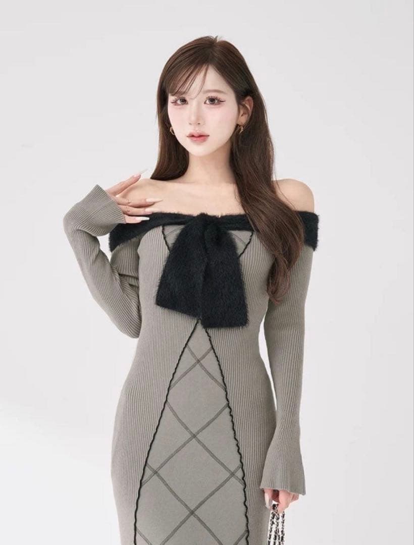 最終値下げ！ Darich リボンステッチニットロングワンピース GRY FS