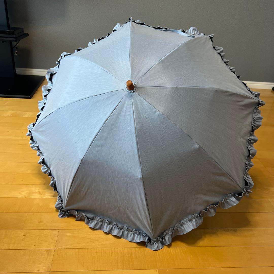 サンバリア　日傘　２段折 フリル フロスト　フロストブルー　木曲がり手元