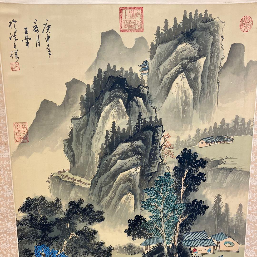 昭和レトロ 中国山水 山水図 彩色山水 春山 水墨画 掛軸 骨董品 絵画 飾り