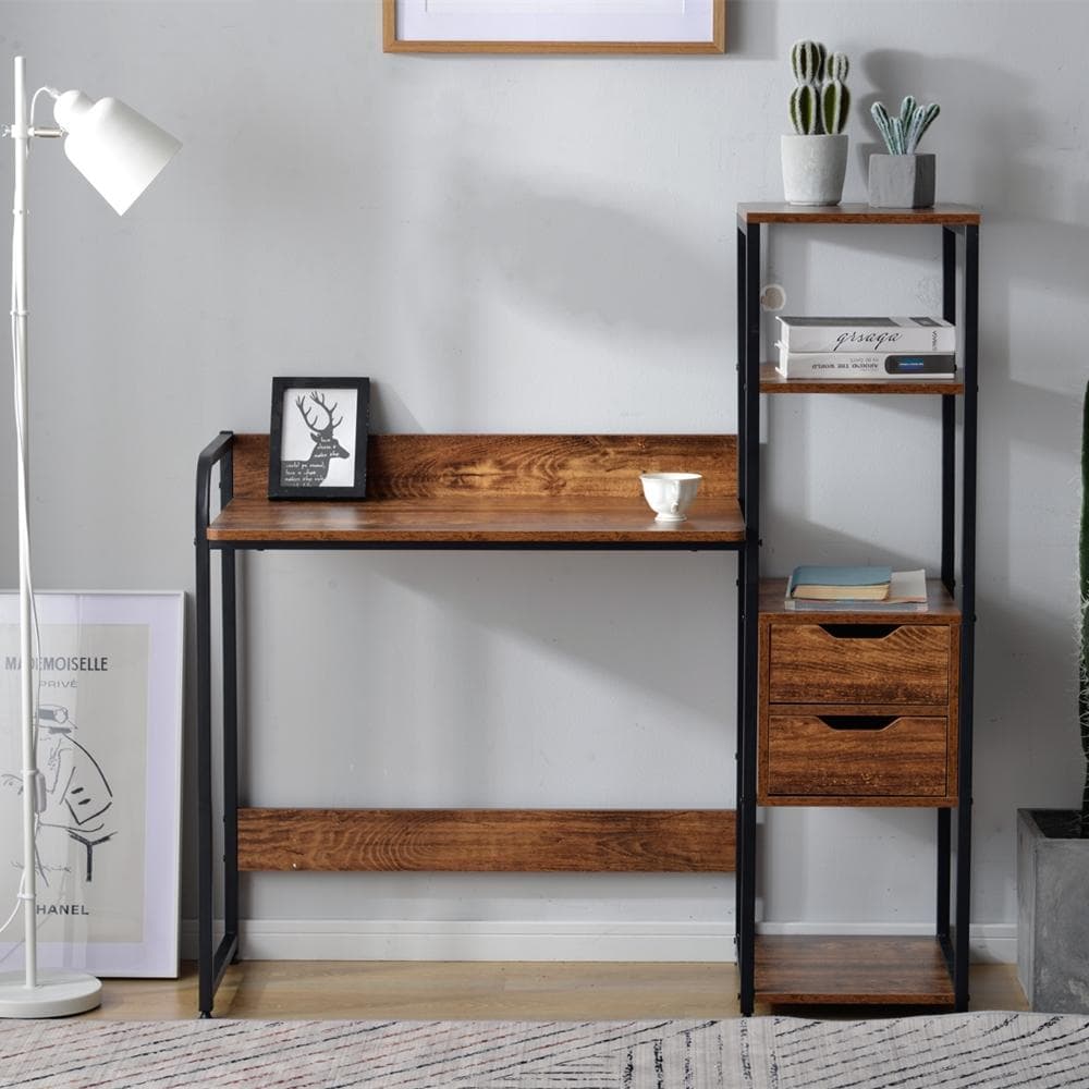 【ダークブラウン】パソコンデスク引き出し付き3段シェルフ付書斎机 学習机 勉強机