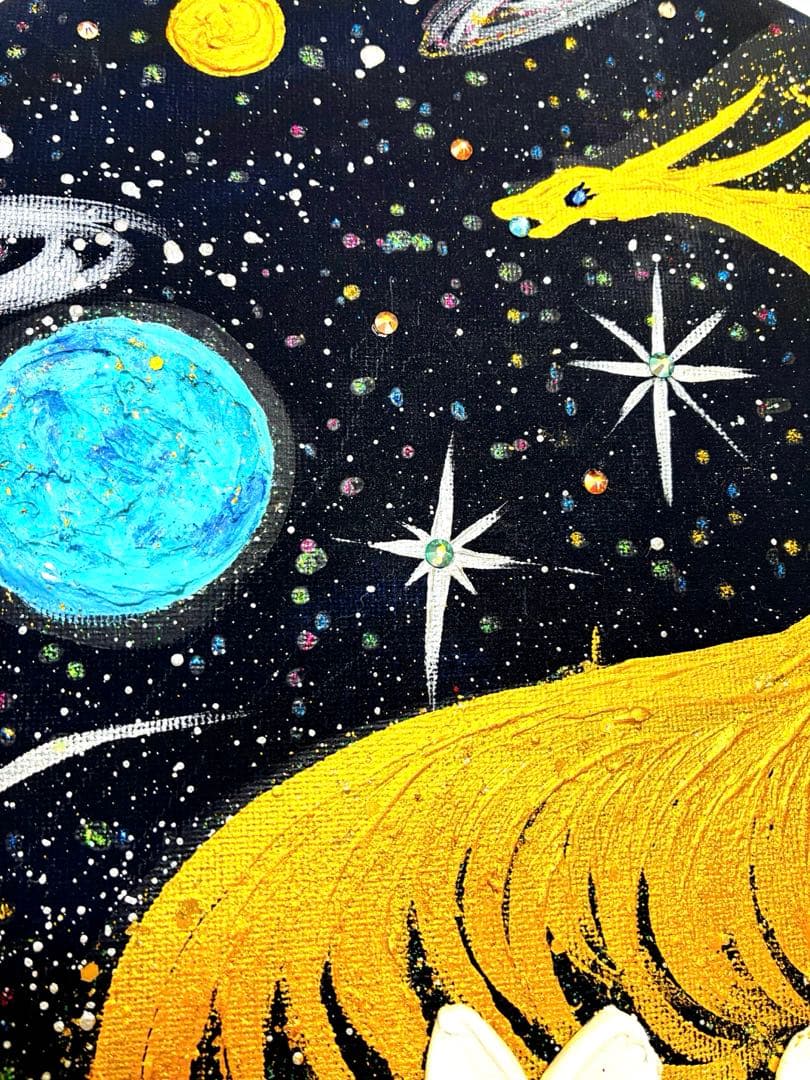 開運絵画　宇宙と金龍　龍神様　運気上昇　金運　健康運　仕事運　金箔　プルメリア