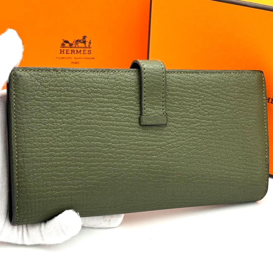 ☆美品☆箱付☆エルメス べアンスフレ シェーブルミゾール 二つ折り長財布 カーキ