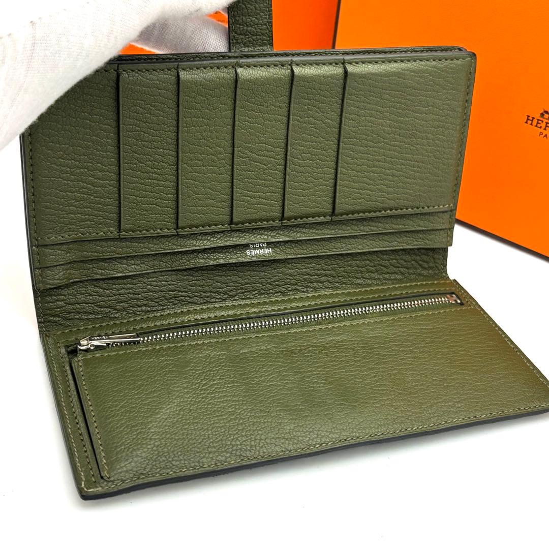 ☆美品☆箱付☆エルメス べアンスフレ シェーブルミゾール 二つ折り長財布 カーキ