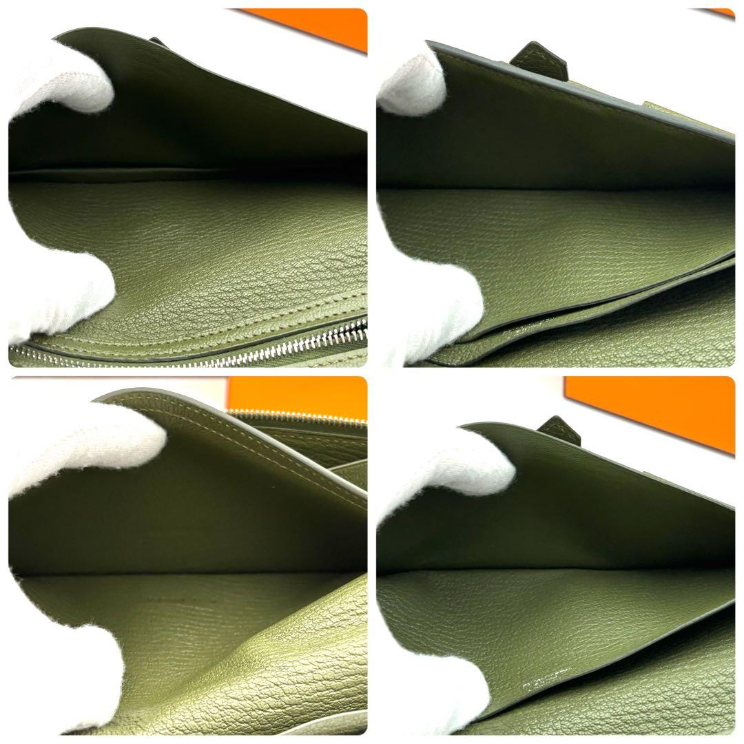 ☆美品☆箱付☆エルメス べアンスフレ シェーブルミゾール 二つ折り長財布 カーキ