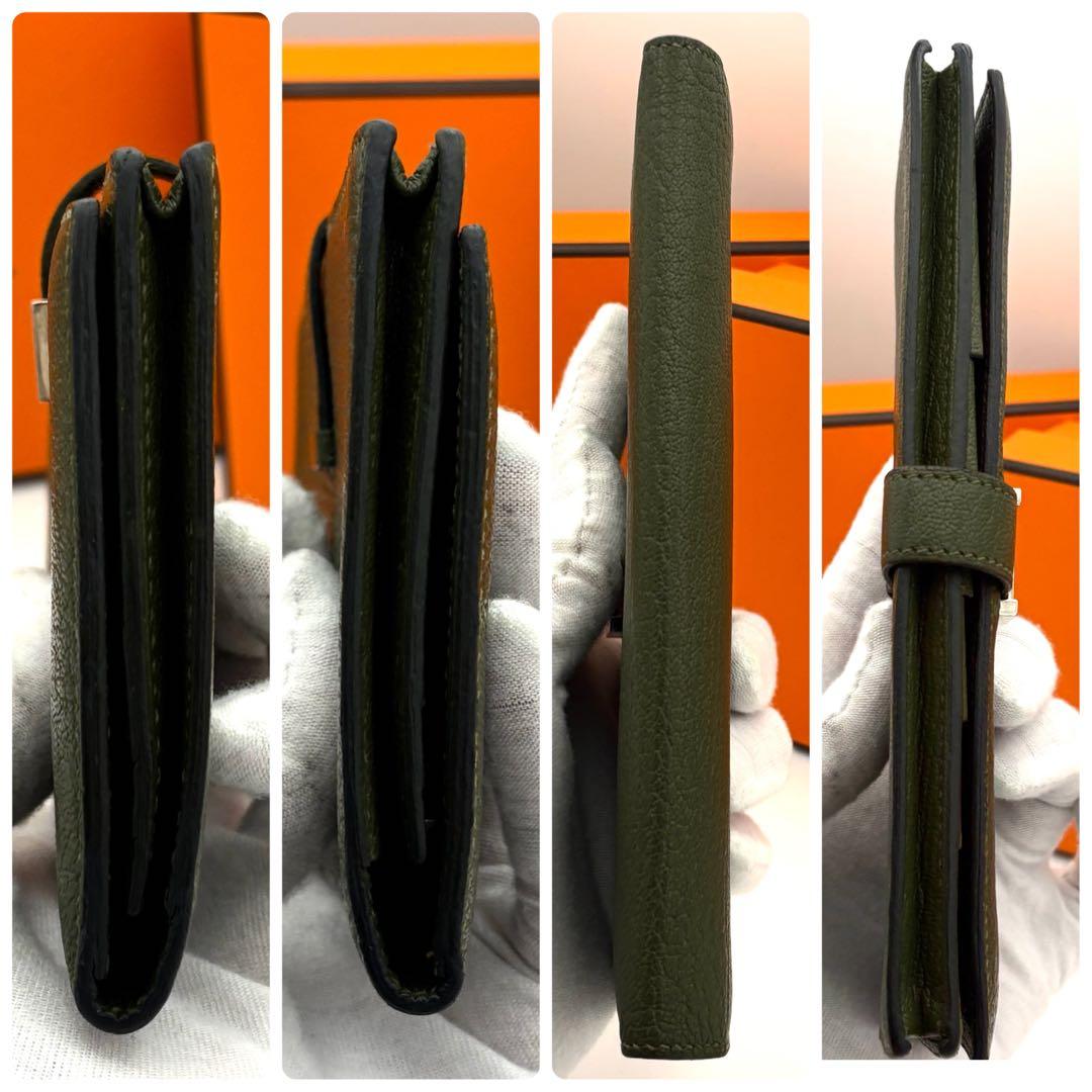 ☆美品☆箱付☆エルメス べアンスフレ シェーブルミゾール 二つ折り長財布 カーキ