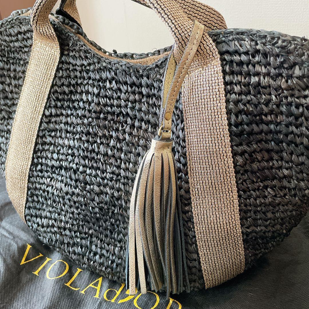ヴィオラドーロ　かごバッグ　ラフィア　レザー　ブラック×ゴールド