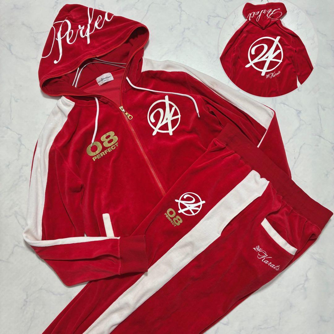 希少Lサイズ✨24カラッツ ベロア セットアップ デカロゴ ライン 赤 メンズ