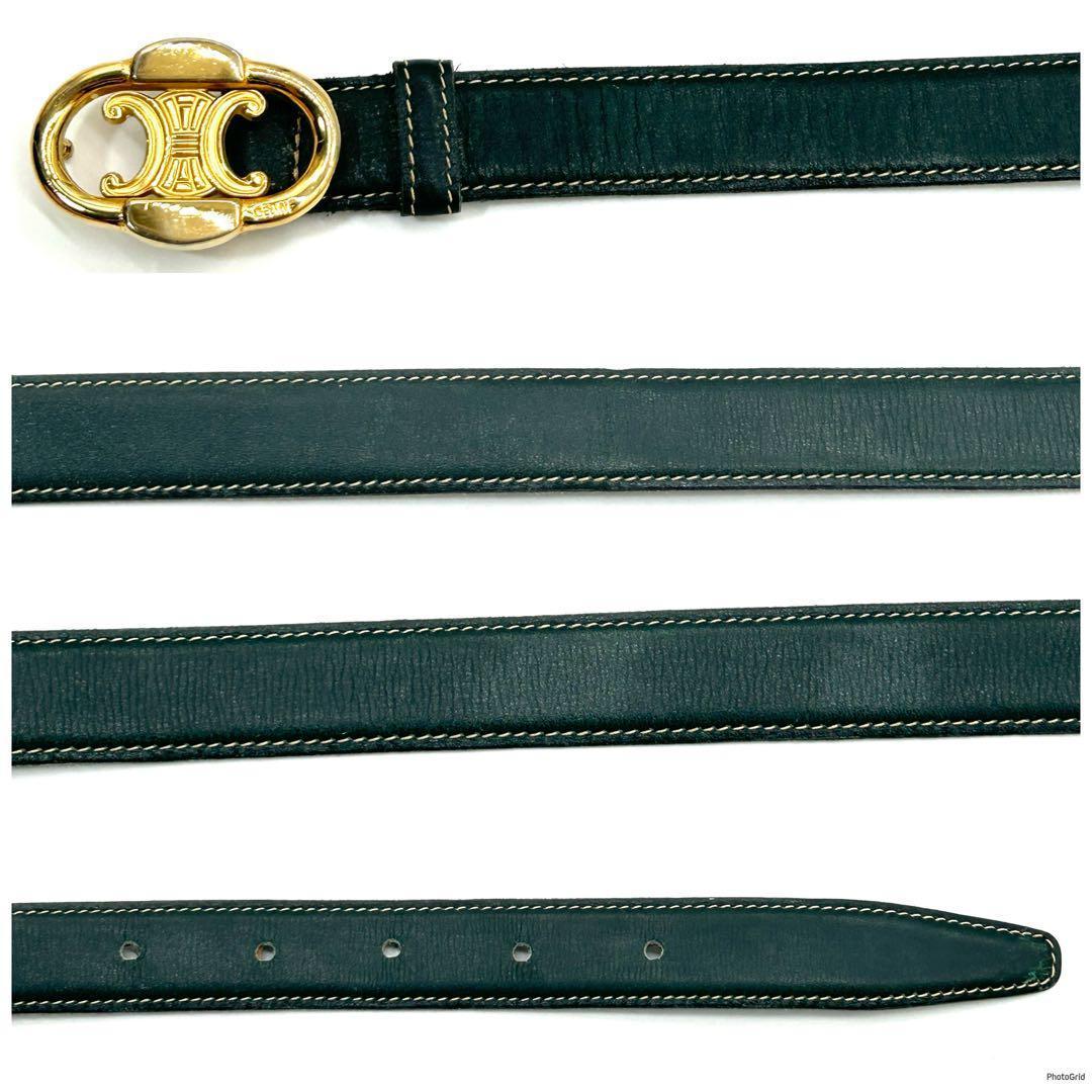 美品　セリーヌ　CELINE　ベルト　レザー　トリンオフ　ゴールドバックル　緑