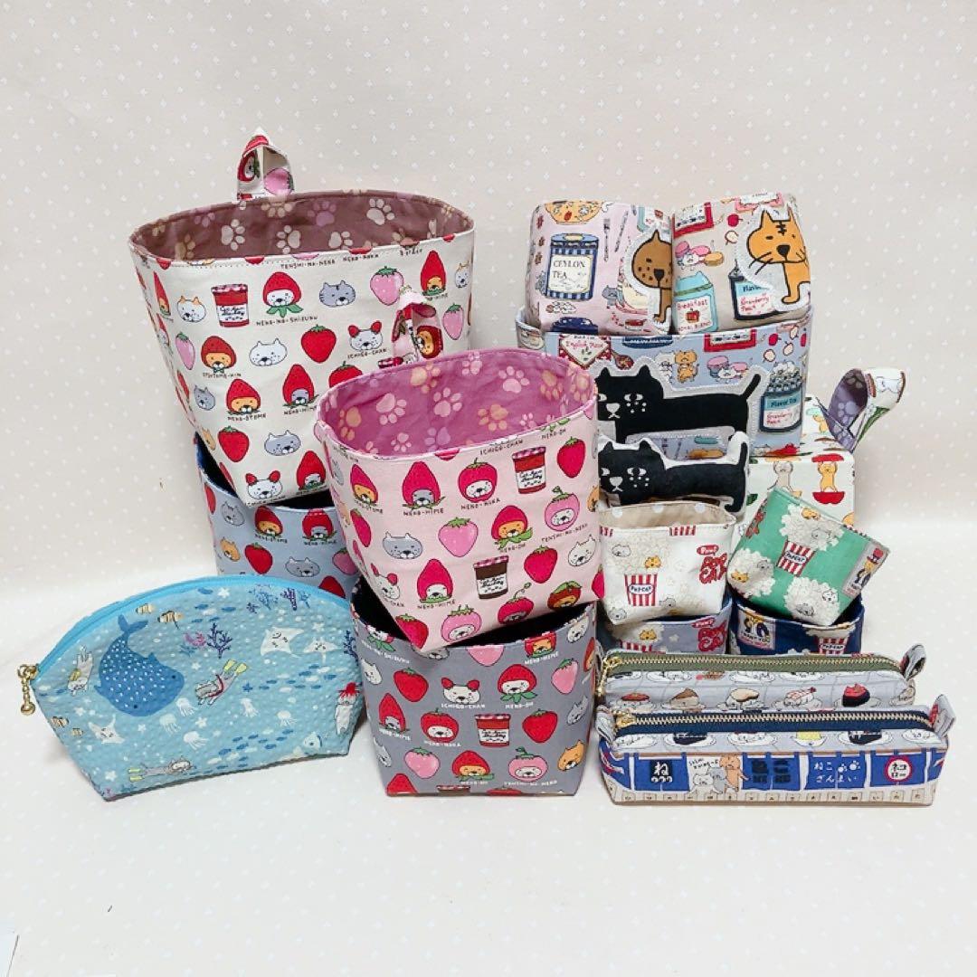 猫Love。 布バスケット スリムなペンケース ラウンドポーチ