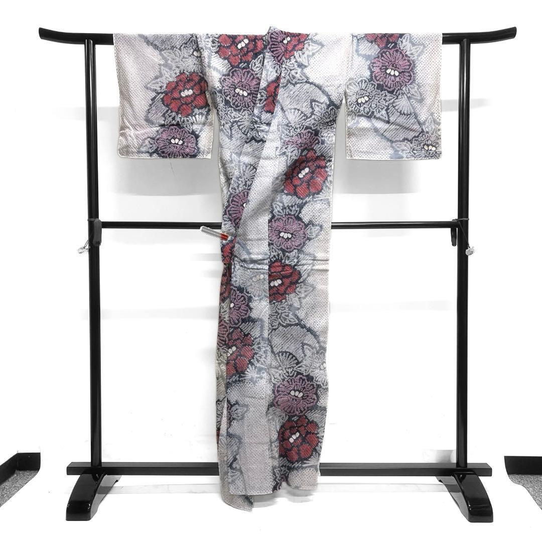 浴衣　有松鳴海絞り　花模様　牡丹　扇　グレー　着物　041a d