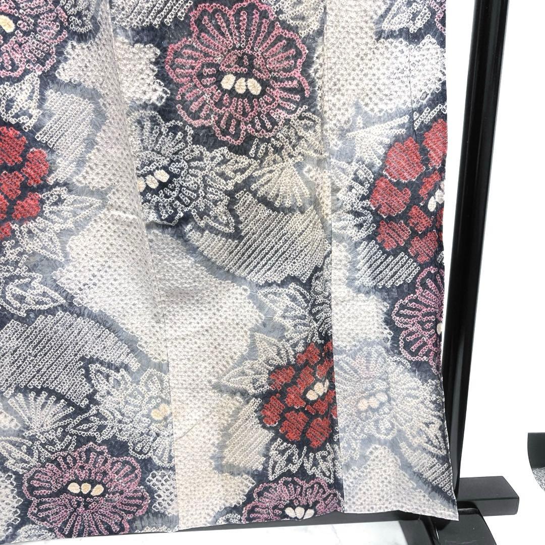 浴衣　有松鳴海絞り　花模様　牡丹　扇　グレー　着物　041a d