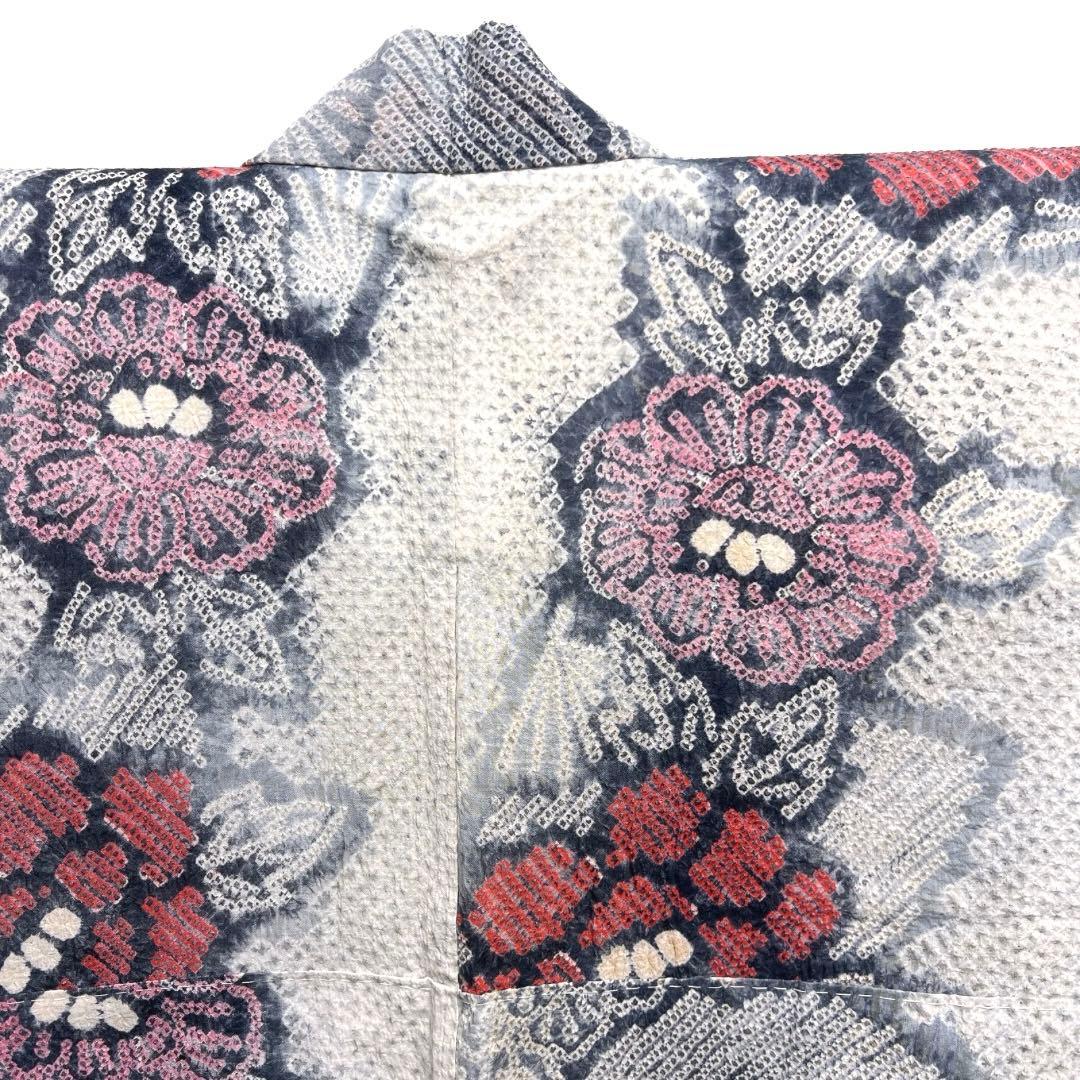 浴衣　有松鳴海絞り　花模様　牡丹　扇　グレー　着物　041a d