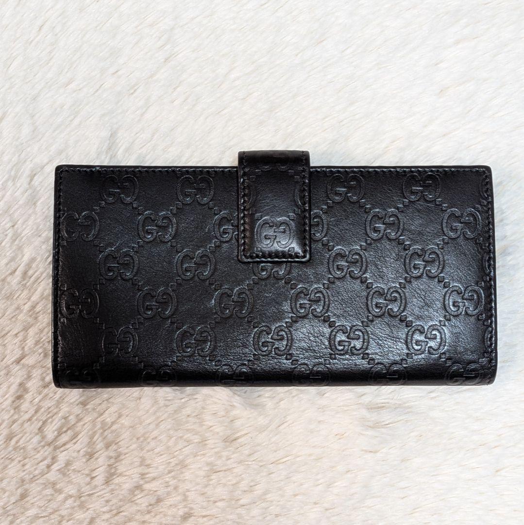 美品✨️グッチ 長財布 GGシマ ロゴプレート シマレザー フラップ 黒 本革