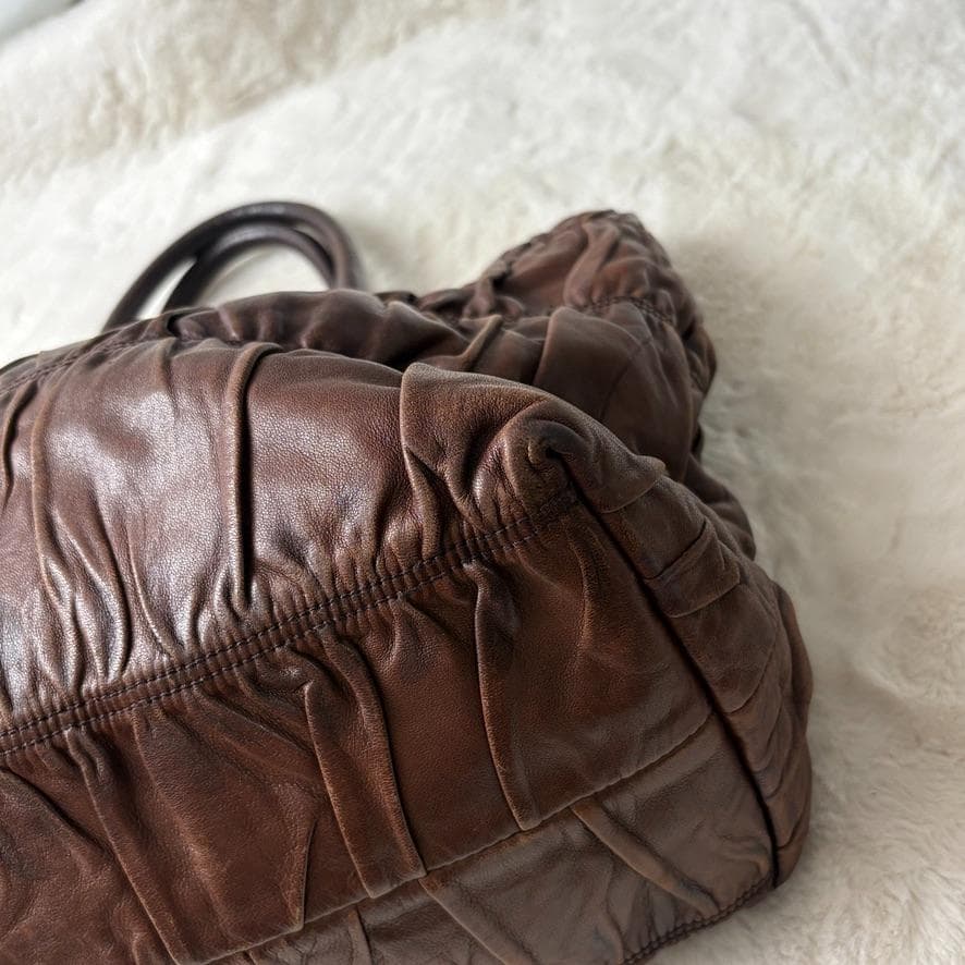 真贋済　PRADA プラダ　ハンドバッグ　羊革　ゴーフル　ブラウン