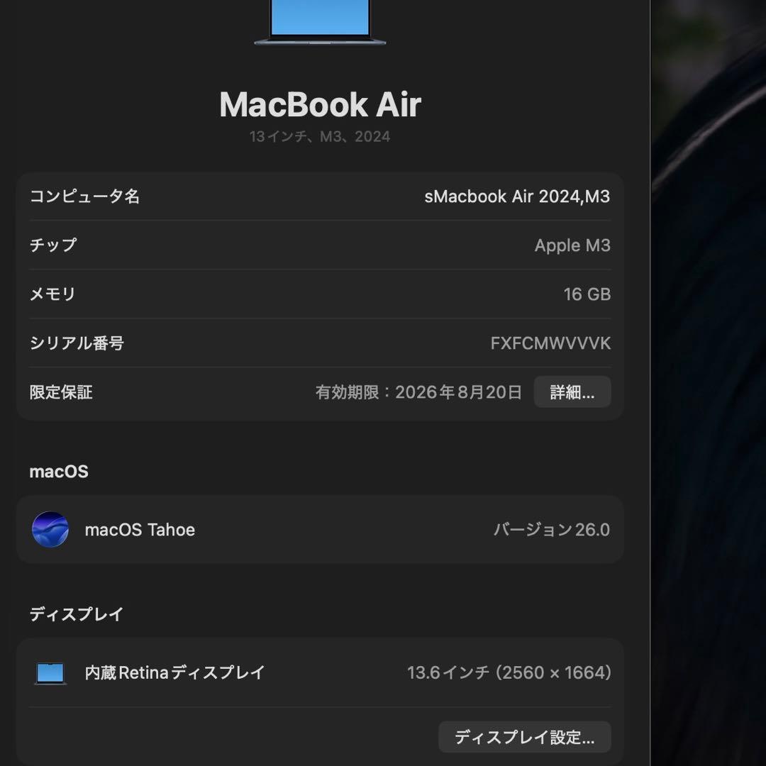 極美品 MacBook Air M3 16GB 256GB バッテリー100%