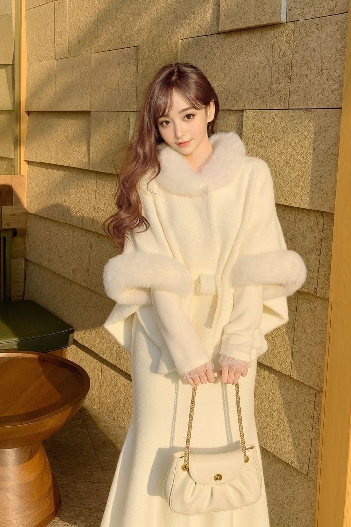 ケープ コート ポンチョ ファー ふわふわ アイボリー 韓国 miu系穿搭