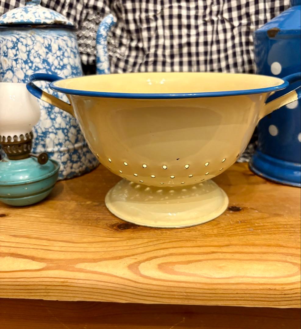◆希少美品◆イギリスアンティーク ホーローコランダー　クリーム×ブルー