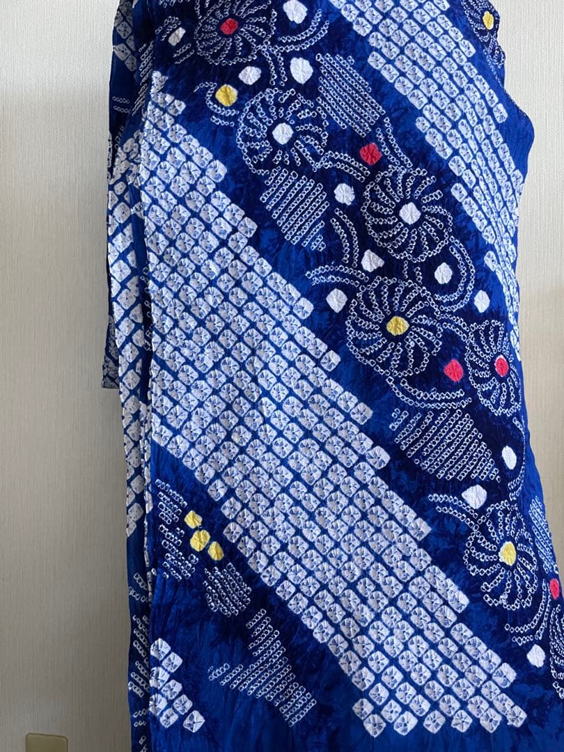 着物　浴衣　絞り生地　一反　ブルー系　ワンピース　トップス　ハンドメイド