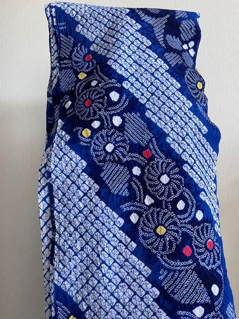着物　浴衣　絞り生地　一反　ブルー系　ワンピース　トップス　ハンドメイド