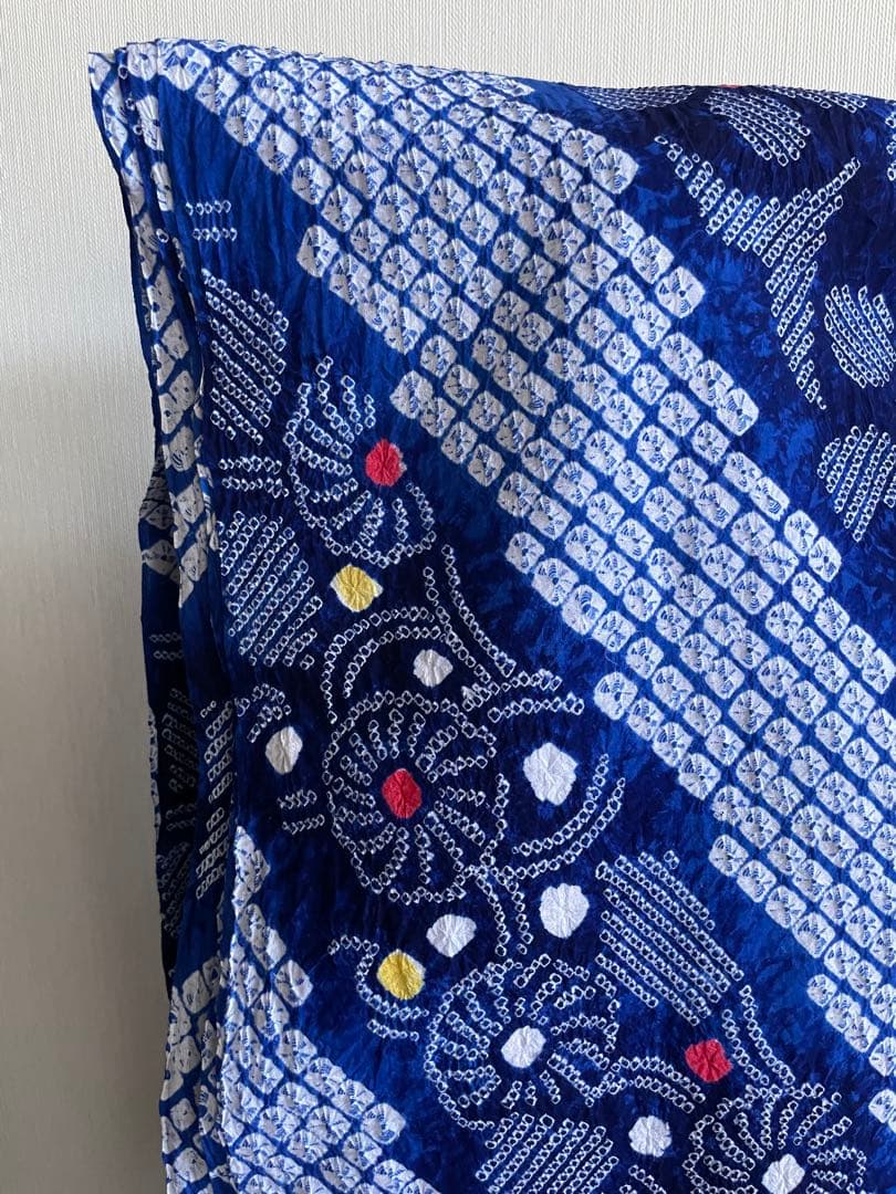 着物　浴衣　絞り生地　一反　ブルー系　ワンピース　トップス　ハンドメイド