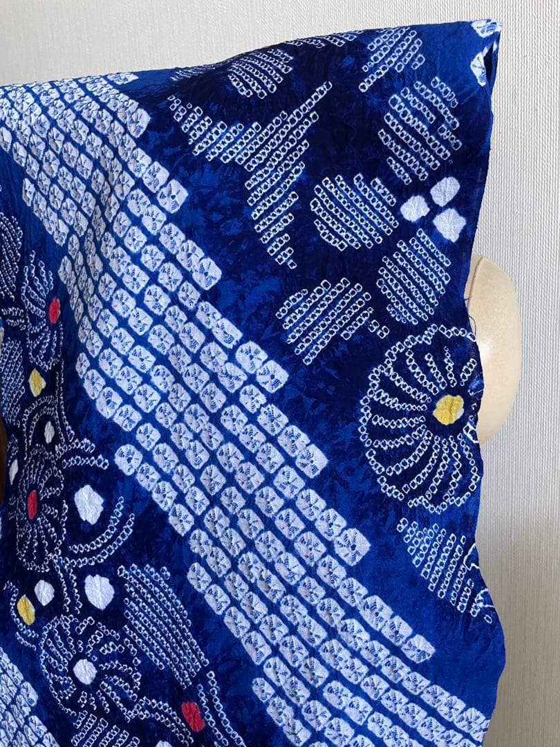 着物　浴衣　絞り生地　一反　ブルー系　ワンピース　トップス　ハンドメイド