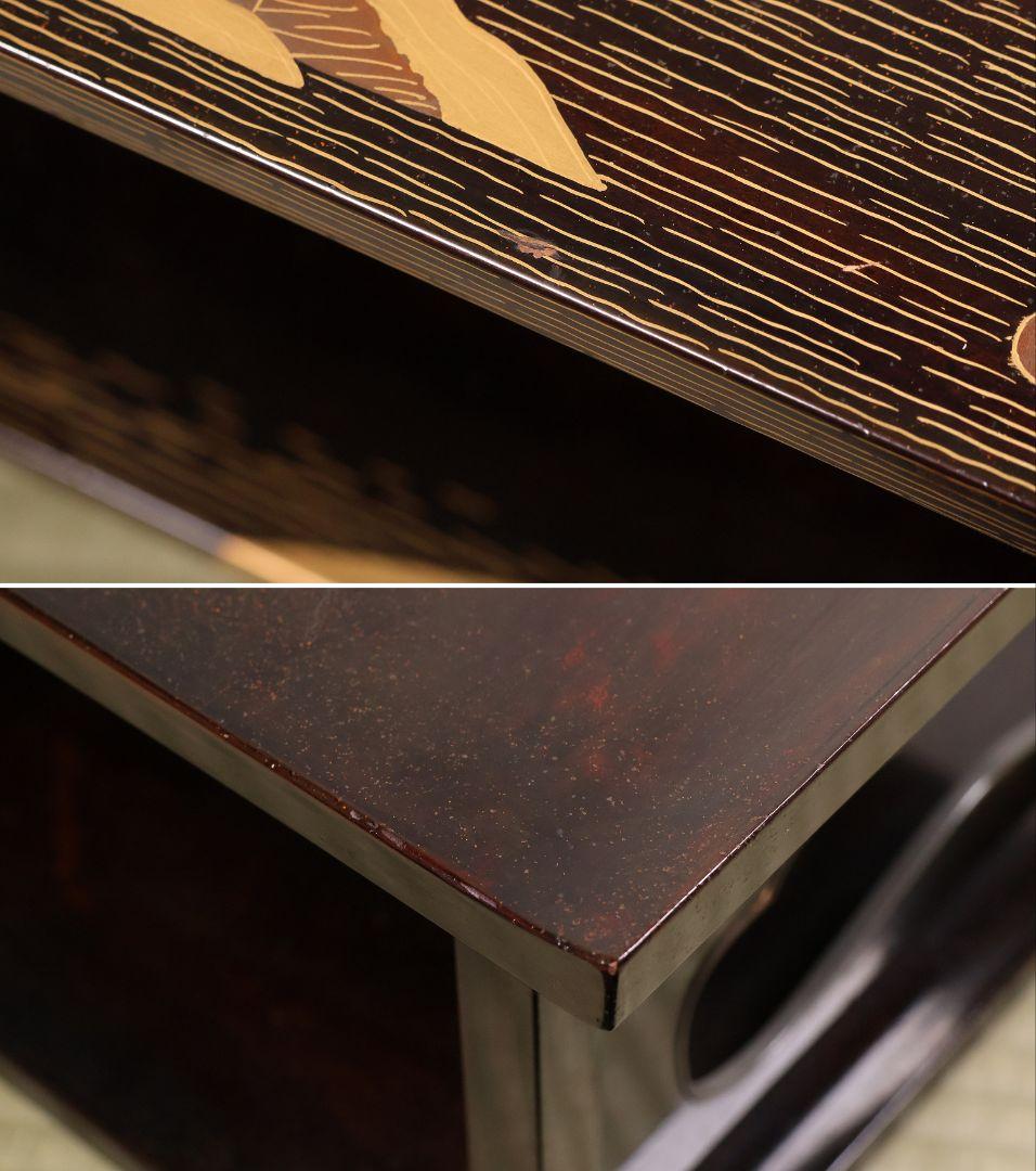 時代 楼閣山水蒔絵 総梨地 冠卓 二段卓 木製 覆輪 金蒔絵 花台【MA662】