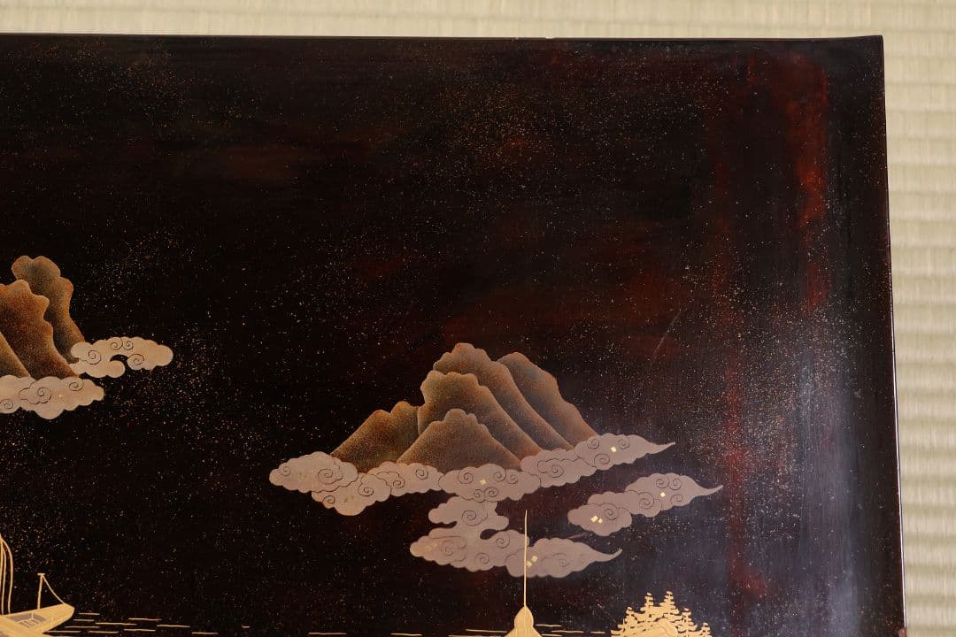 時代 楼閣山水蒔絵 総梨地 冠卓 二段卓 木製 覆輪 金蒔絵 花台【MA662】