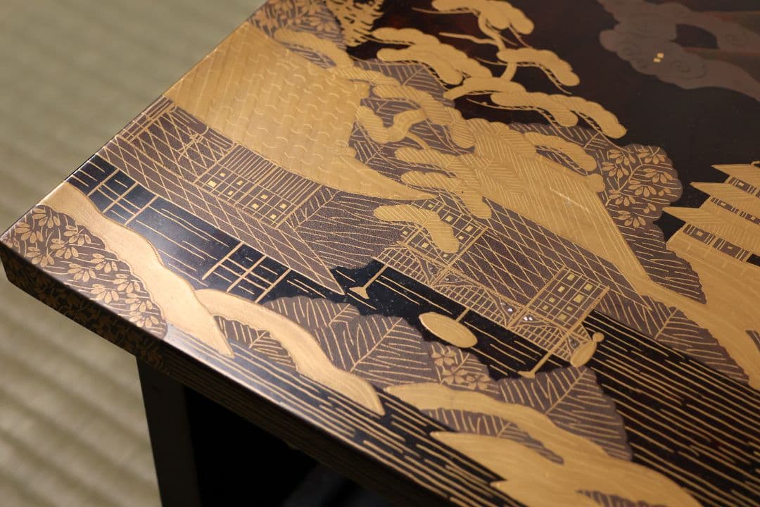 時代 楼閣山水蒔絵 総梨地 冠卓 二段卓 木製 覆輪 金蒔絵 花台【MA662】