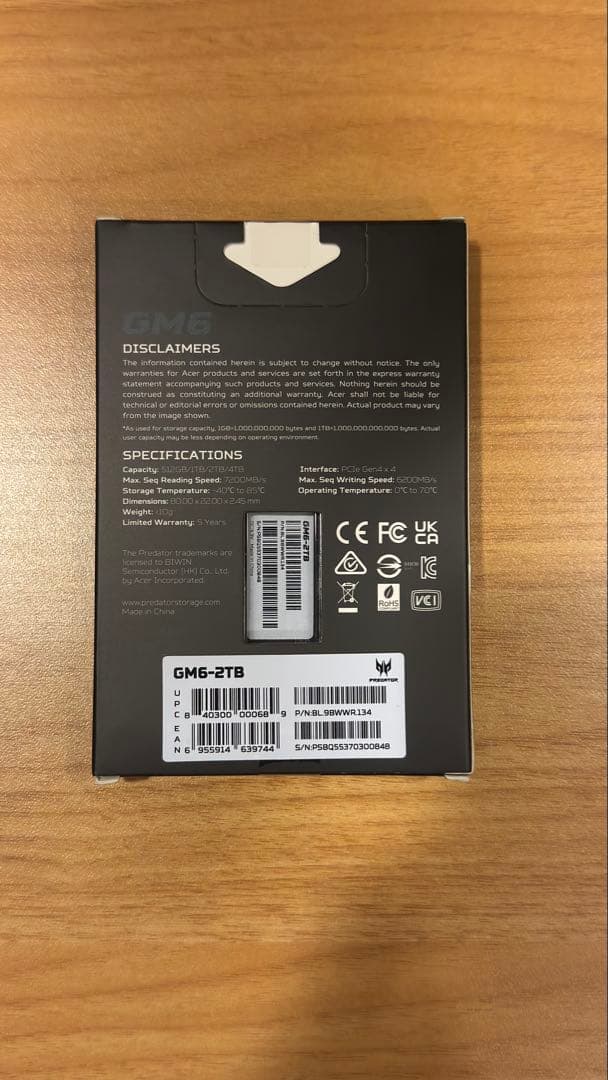 Acer Predator GM6 NVMe M.2 SSD 2TB 未開封