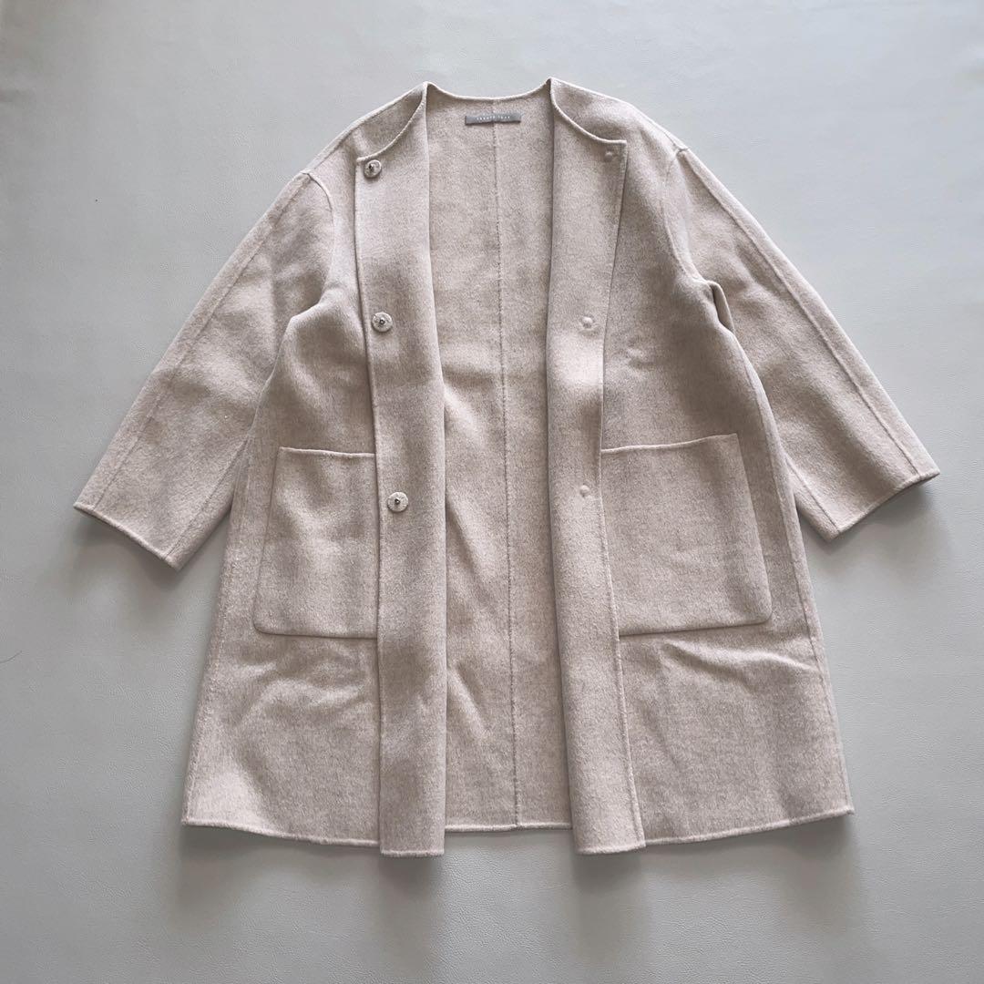 セオリーリュクス 38 カシミア混リバー仕立て　ノーカラー　マフラー付コート