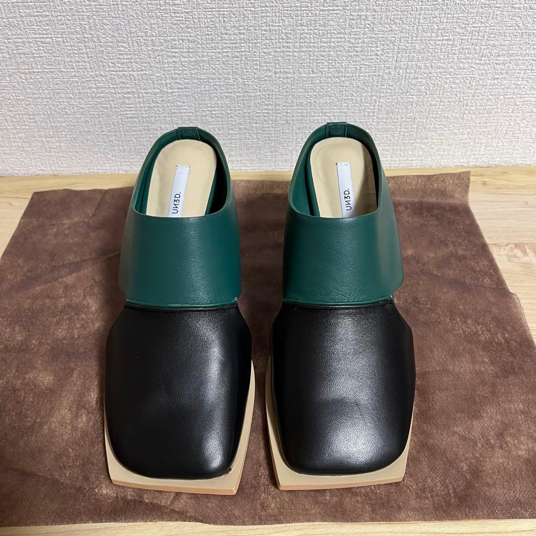 【未使用品】UN3D. SIDE SQUARE MULE ブラック×グリーン