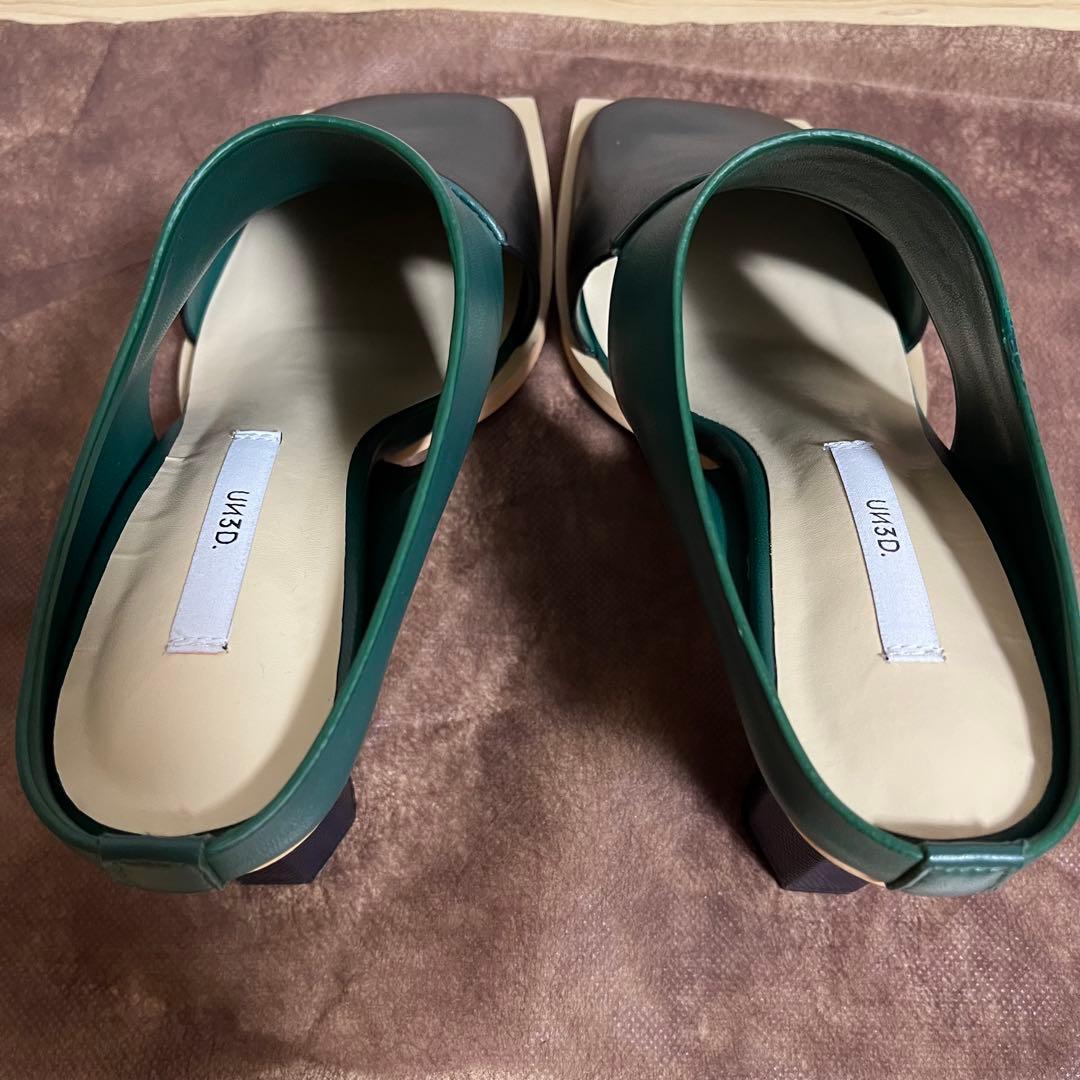 【未使用品】UN3D. SIDE SQUARE MULE ブラック×グリーン