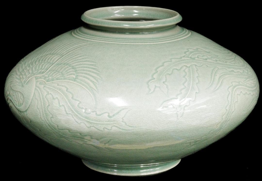 初代柳海剛 高麗青磁 透彫鳳凰図平壺