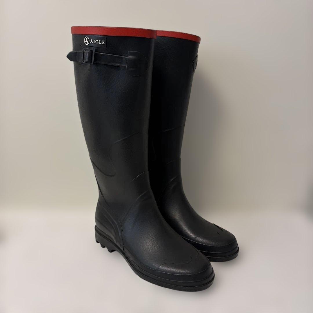 AIGLE 黒ロングブーツ 赤トップバンド 25.5~26.0