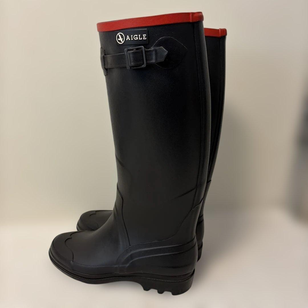 AIGLE 黒ロングブーツ 赤トップバンド 25.5~26.0