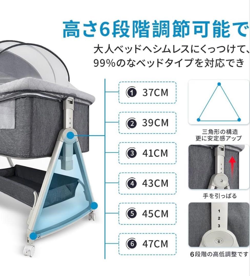 のんKino Linpo ベビーベッド グレー 添い寝 キャスター