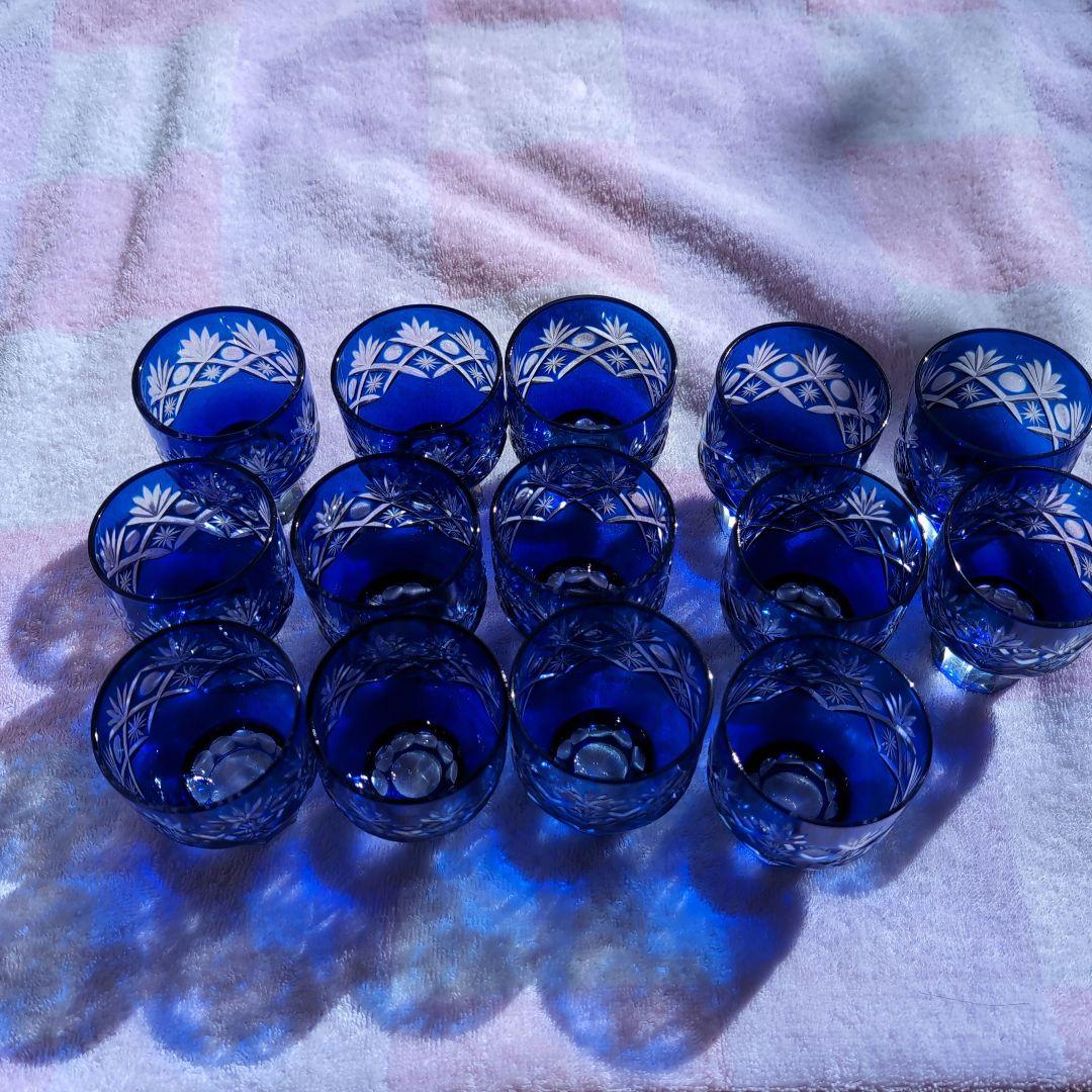 江戸切子　青いカットガラス盃 14個セット
