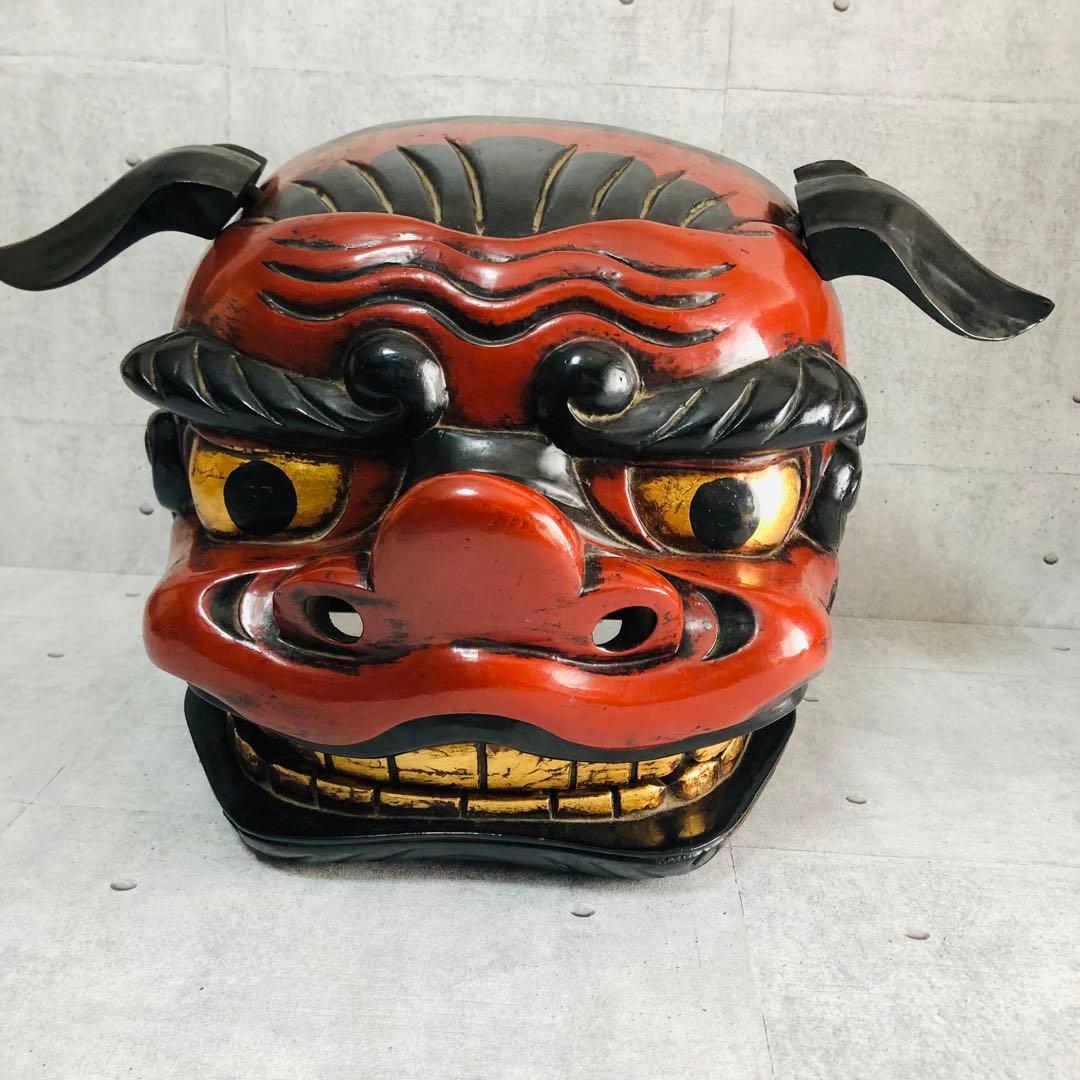 獅子頭 獅子舞 伝統工芸品 朱塗り 漆塗り 手彫り 縁起物 魔除け 中
