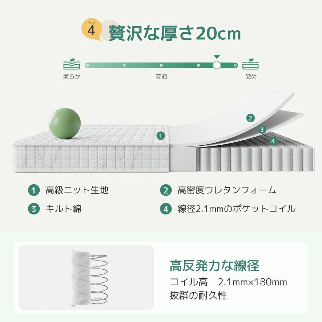 高密度ポケットコイルマットレス クイーン 厚さ20cm 体圧分散 やや硬め高反発