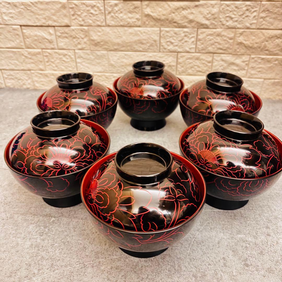美品 越前塗 お椀 6客セット 蓋付き 汁椀 漆器 和食器 お雑煮 お茶事 節分