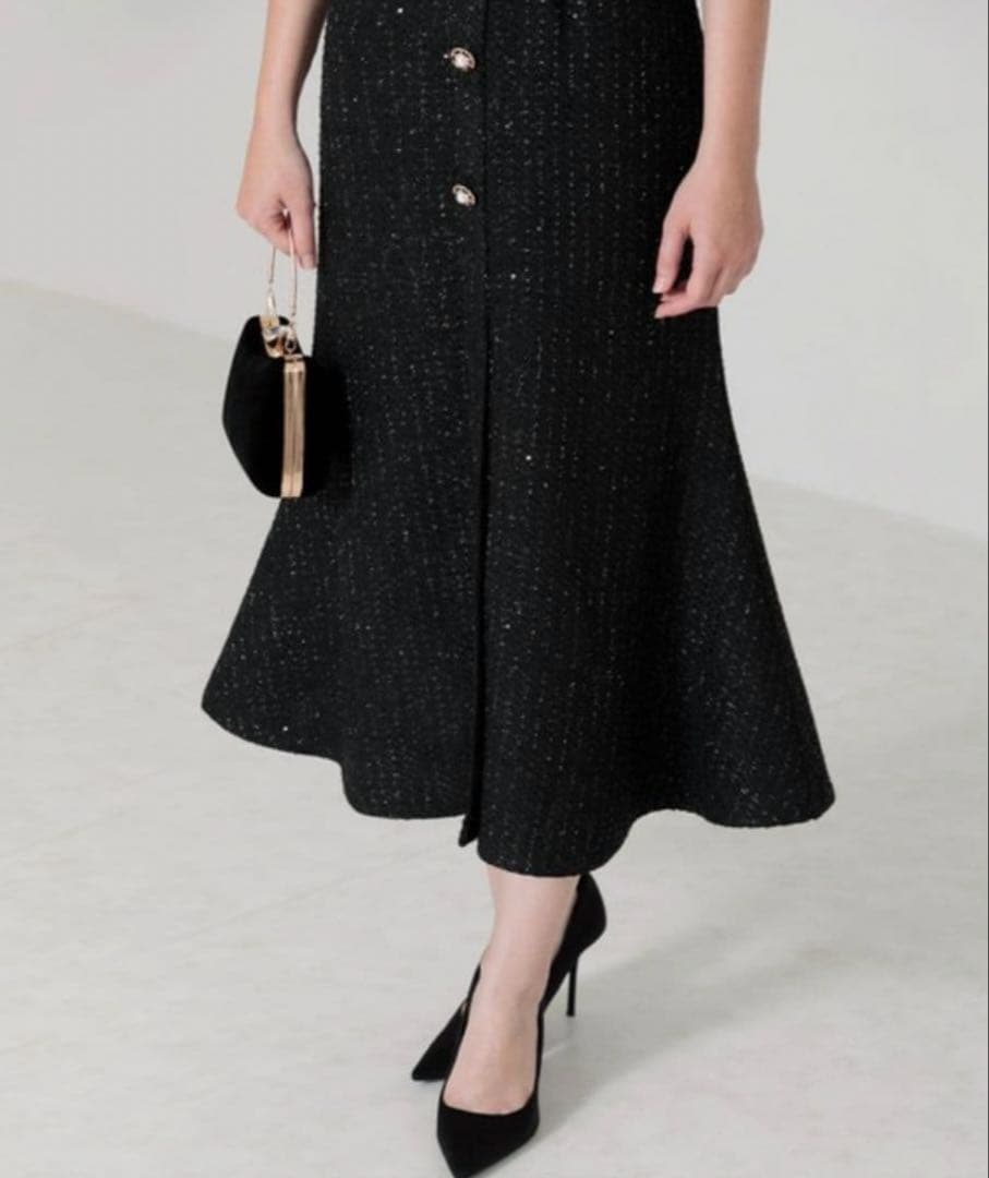 今週まで！Leja ラメ混ツイードレザーパイピングマーメイドロング丈ドレス