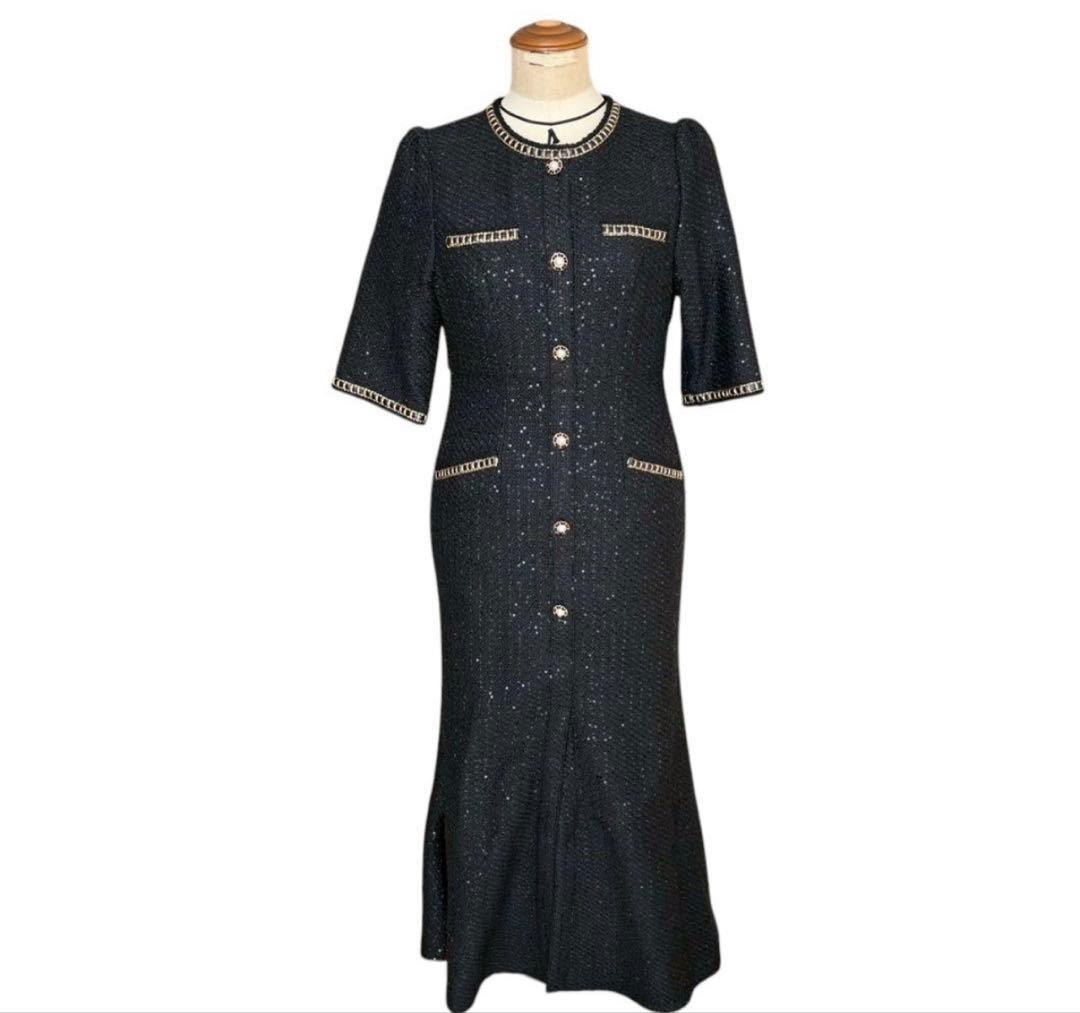 今週まで！Leja ラメ混ツイードレザーパイピングマーメイドロング丈ドレス